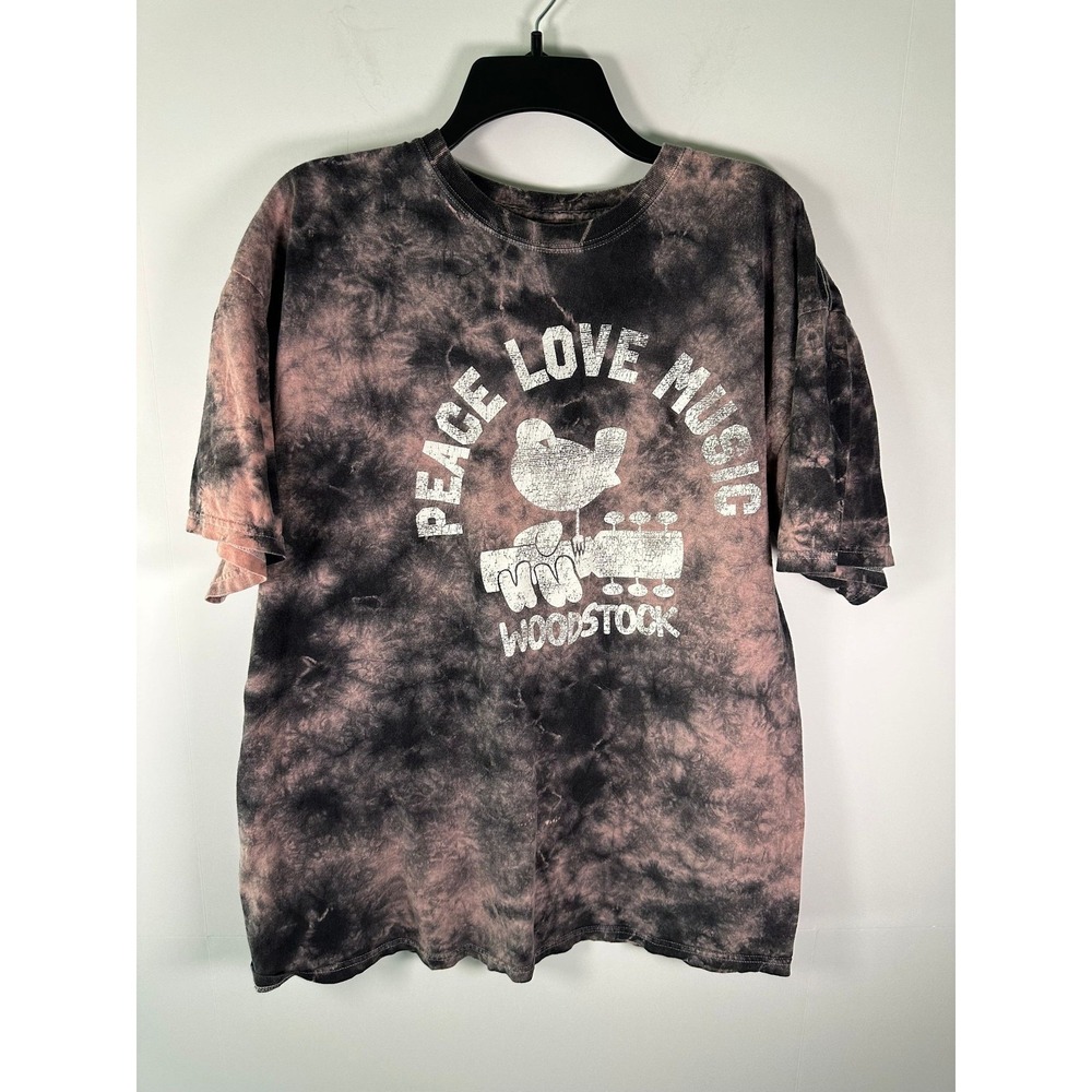 Woodstock T-Shirt Mens L Tie Dye Peace Love Music Graphic Tee Pink Black Cracked
